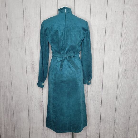 VTG 70s Gino Rossi for Wilson UltraSuede Teal High Neck Midi Dress, sz 10 - Picture 4 of 9